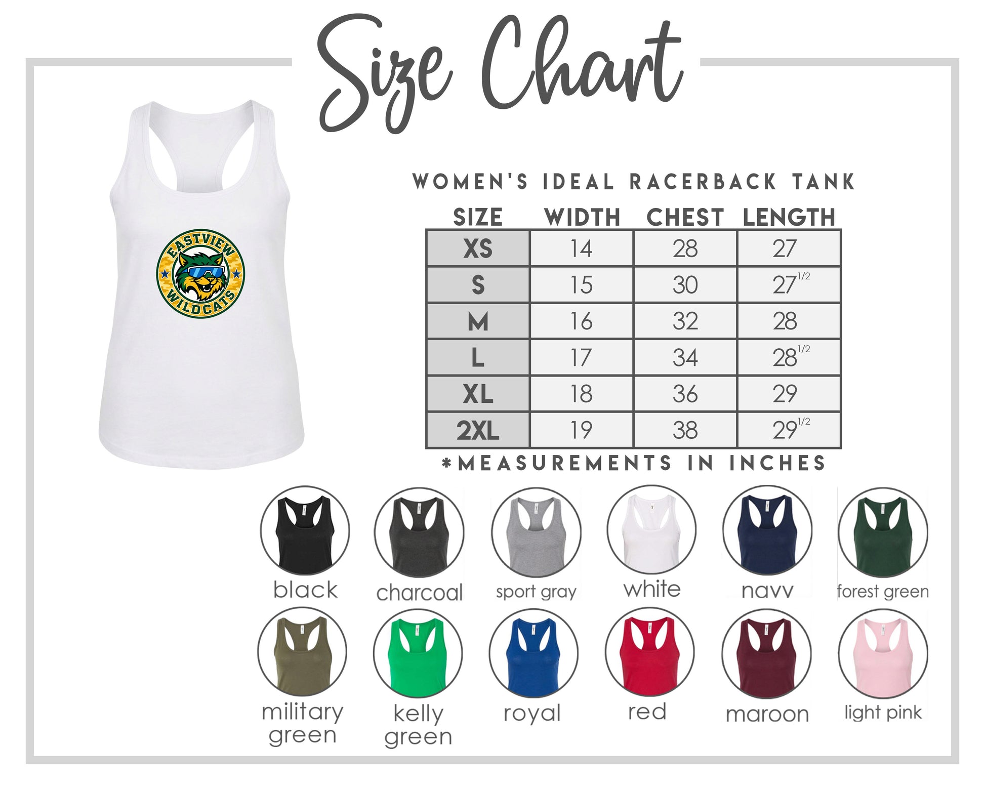 The image is a size chart for a women's ideal racerback tank, including a white tank with a logo and a table with different color options and corresponding chest measurements.