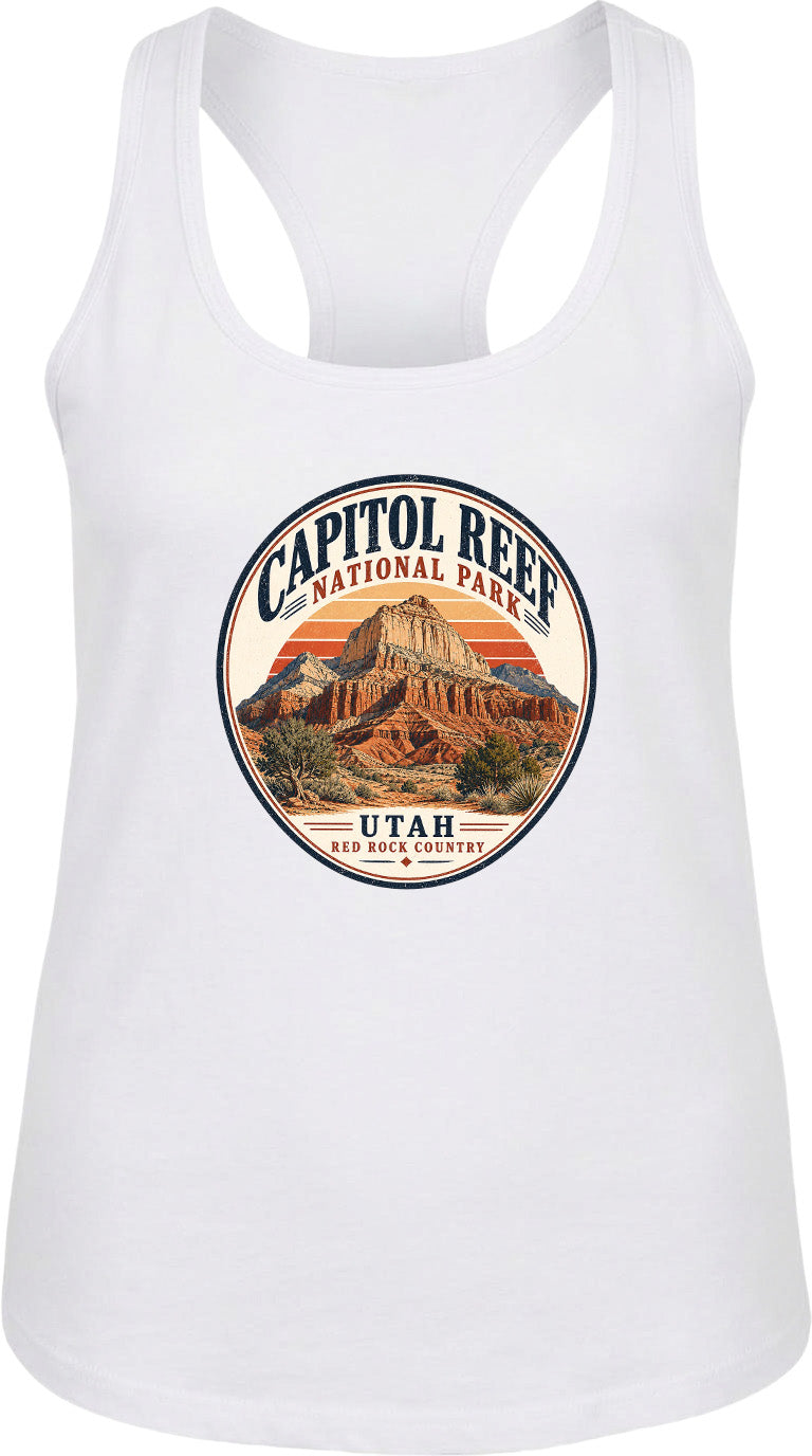 A white tank top with a circular design featuring the Capitol Reef National Park in Utah.