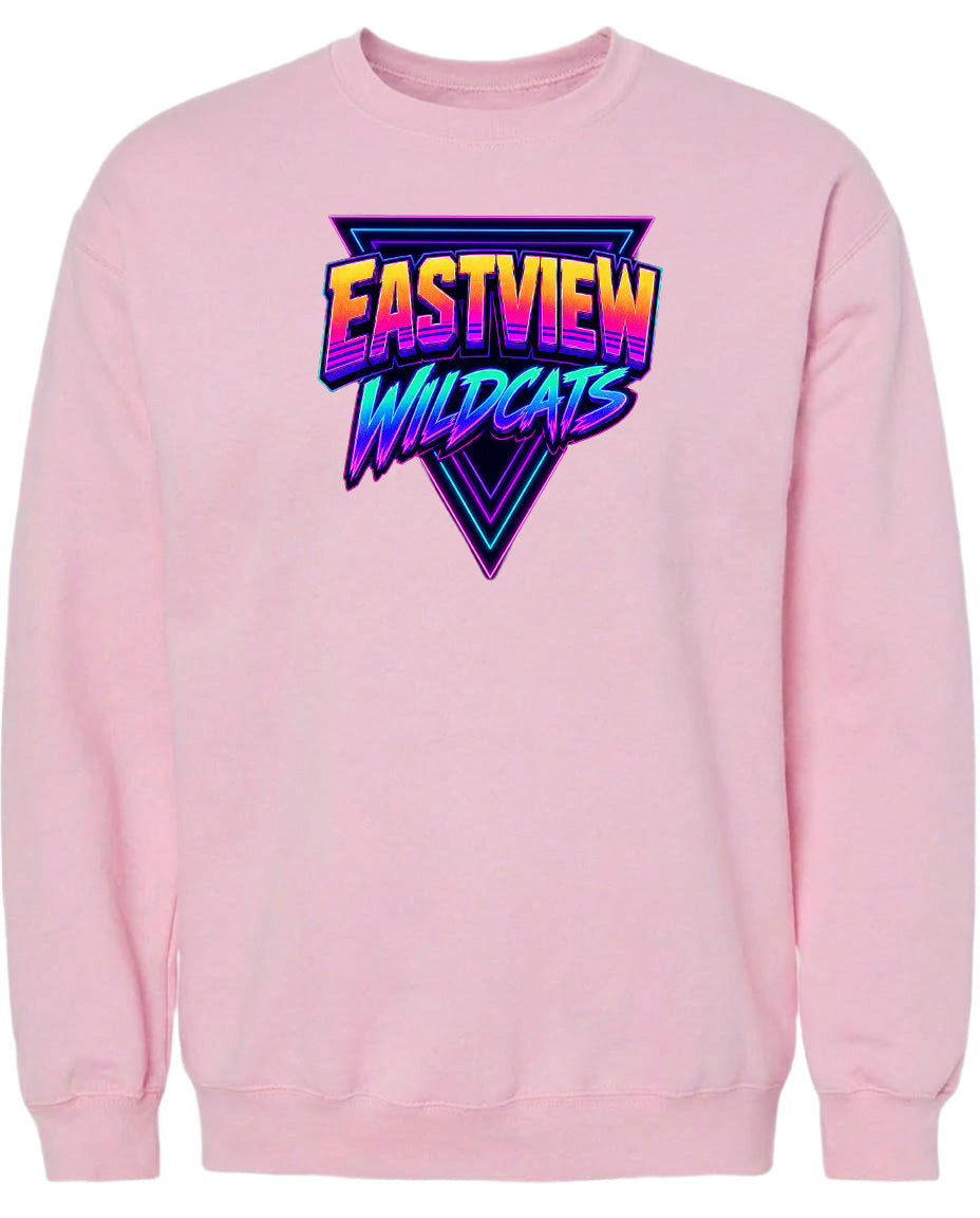 A pink sweatshirt with a graphic design featuring the text "EASTVIEW WILDCATS" in a stylized font.