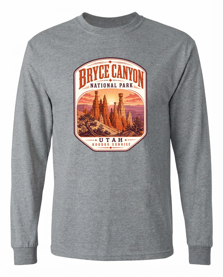 A gray long-sleeved t-shirt with a graphic design depicting the Bryce Canyon National Park in Utah.