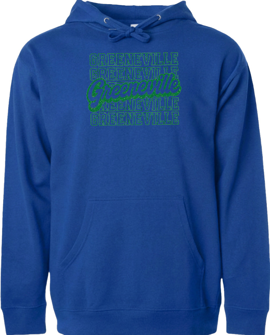 A blue hoodie with a graphic design on the front.
