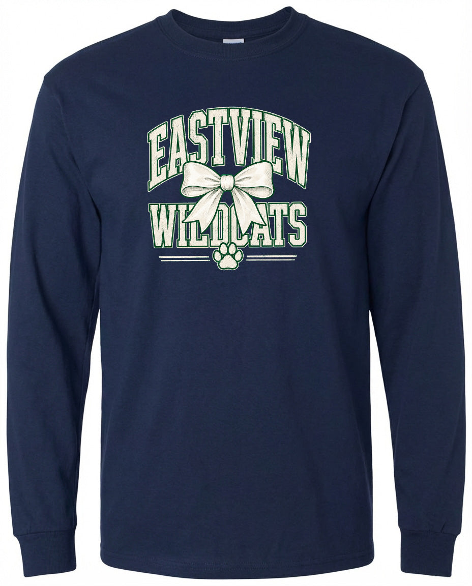 Navy blue long-sleeved shirt with a graphic design on the front.