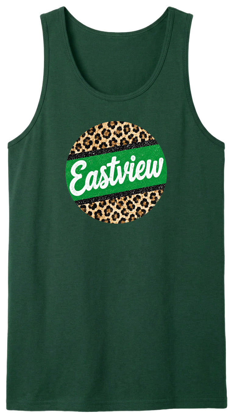 A green tank top with a leopard print design and the word "Eastview" printed on it.