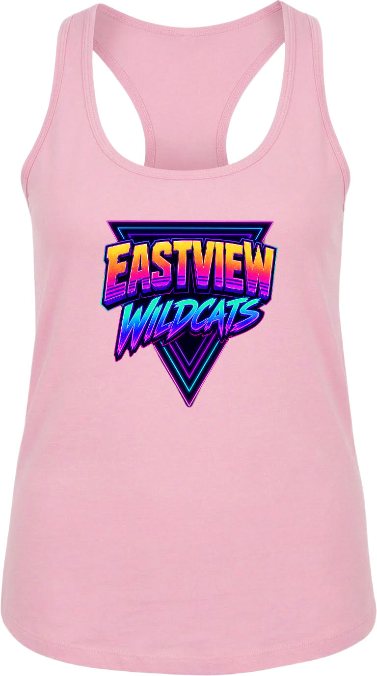 A pink tank top with a graphic design featuring the text "EASTVIEW WILDCATS" in a retro, neon-style font.