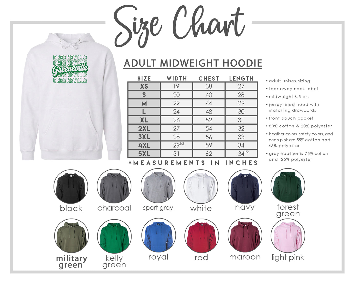 The image is a size chart for an adult midweight hoodie, including various color options and corresponding measurements in inches.