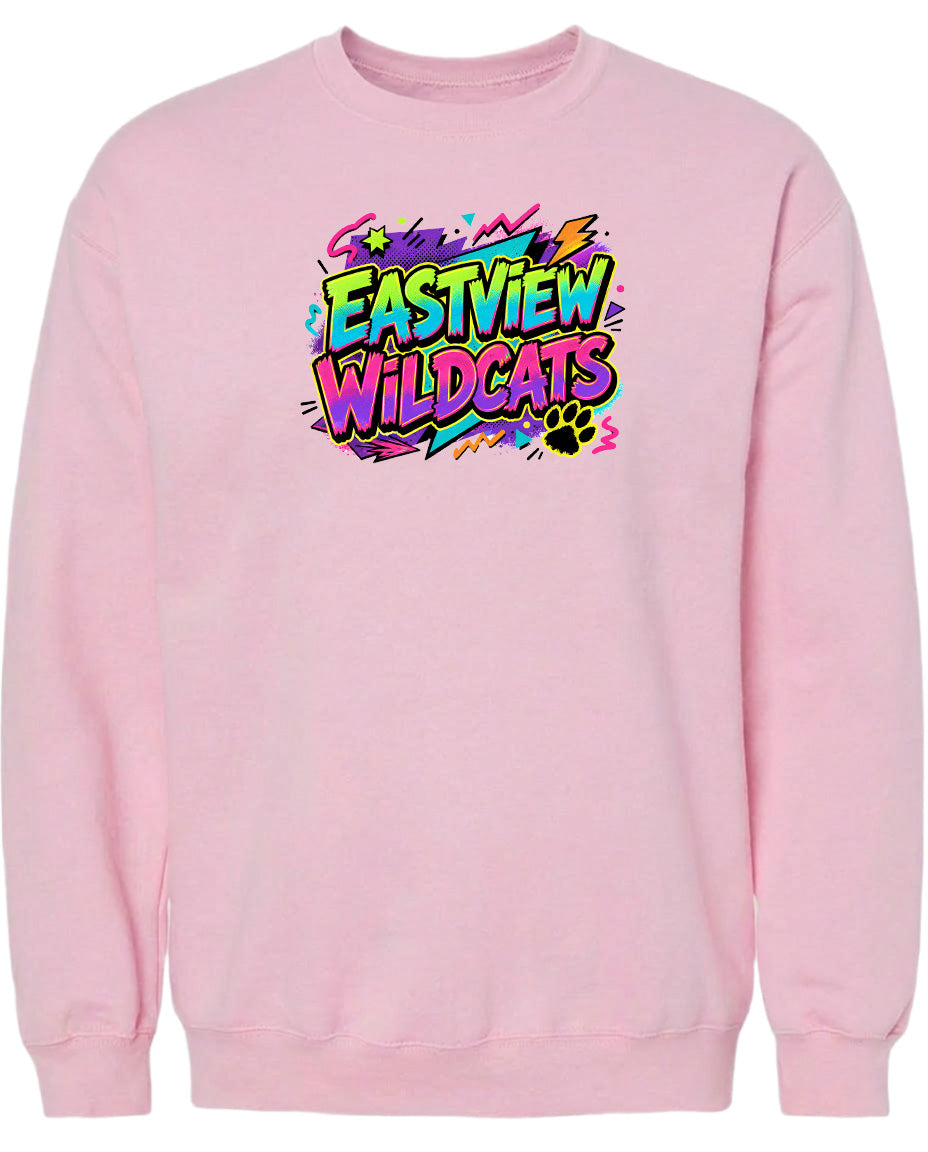 A pink sweatshirt with a colorful graphic design featuring the text "EASTVIEW WILDCATS" in a vibrant, graffiti-style font.
