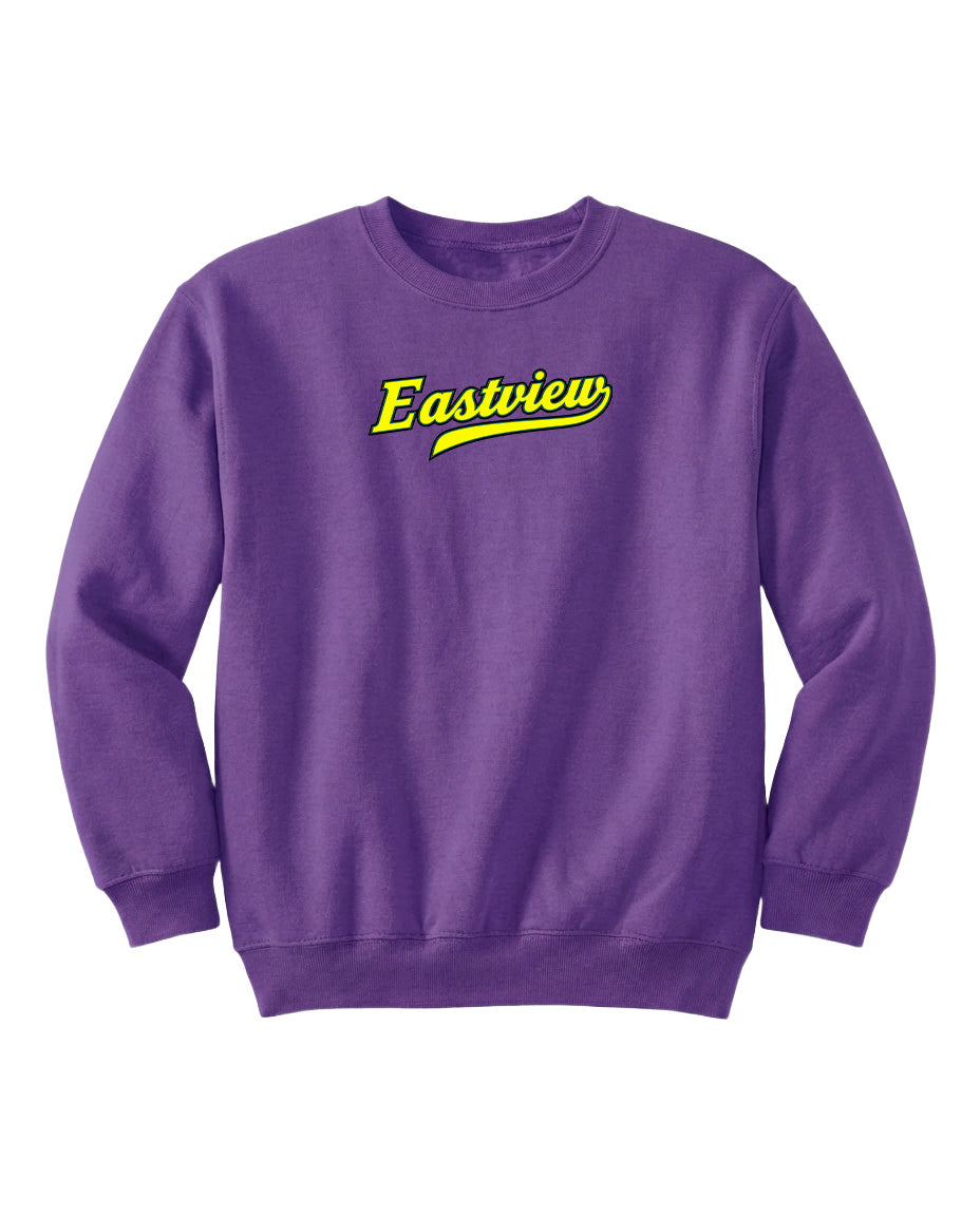 A purple sweatshirt with the word "Eastview" printed in yellow on the front.