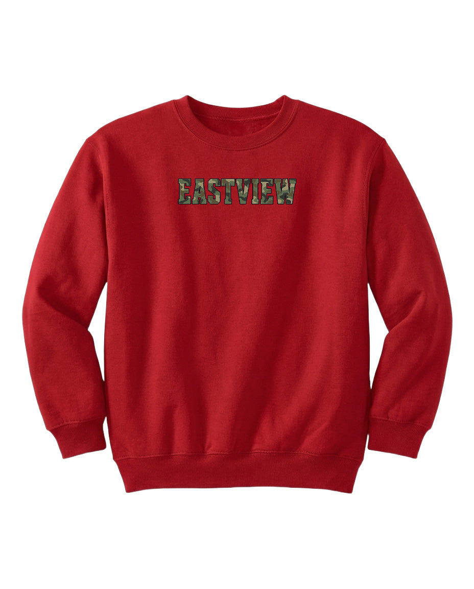 A red sweatshirt with the word "EASTVIEW" printed on it in a camouflage pattern.