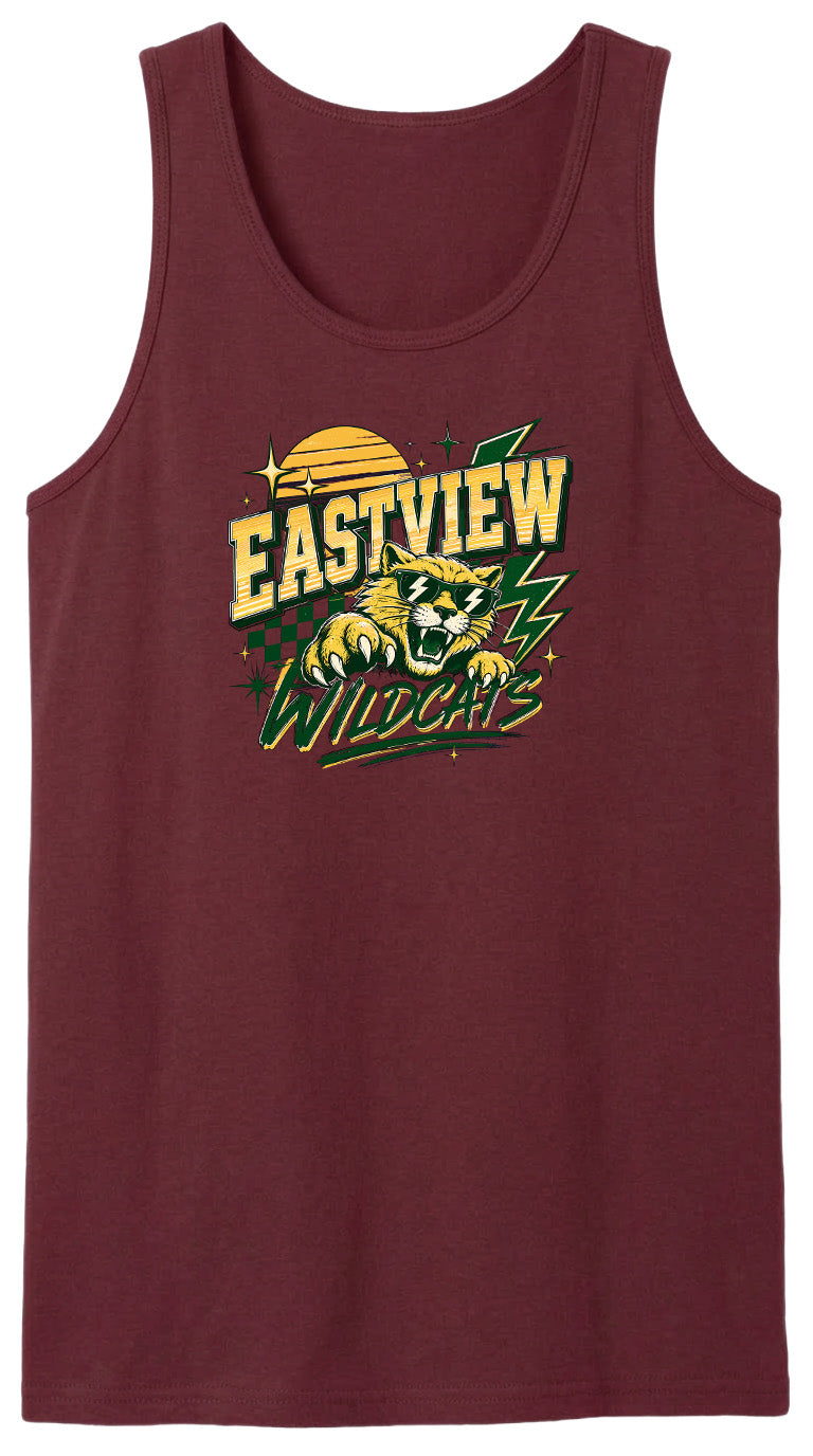 A burgundy tank top with a graphic design featuring a yellow sun and green lightning bolts, along with the text "EASTVIEW WILDCATS".