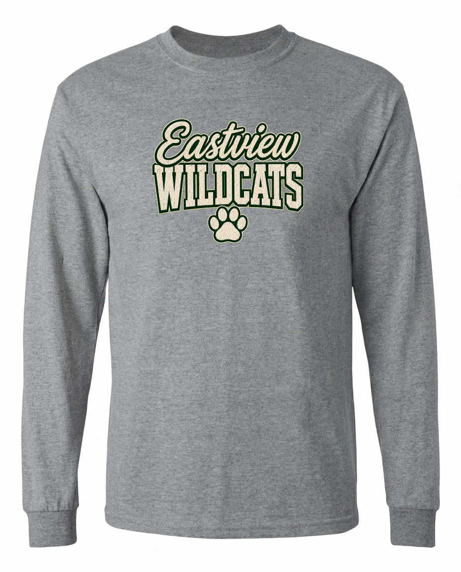 A gray long-sleeved t-shirt with the text "Eastview Wildcats" printed on it.