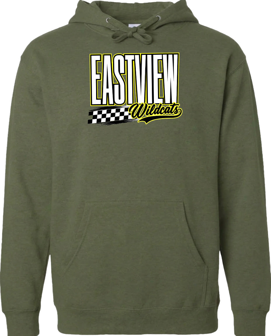 A green hoodie with a graphic design featuring the text "EASTVIEW Wildcats" and a checkered flag pattern.