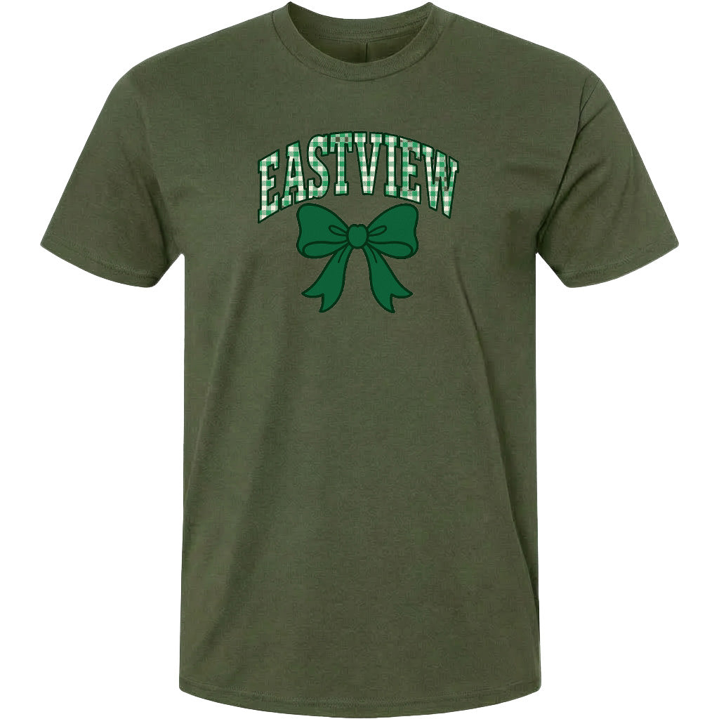 A dark green t-shirt with a graphic design featuring a green bow and the word "EASTVIEW" printed on it.
