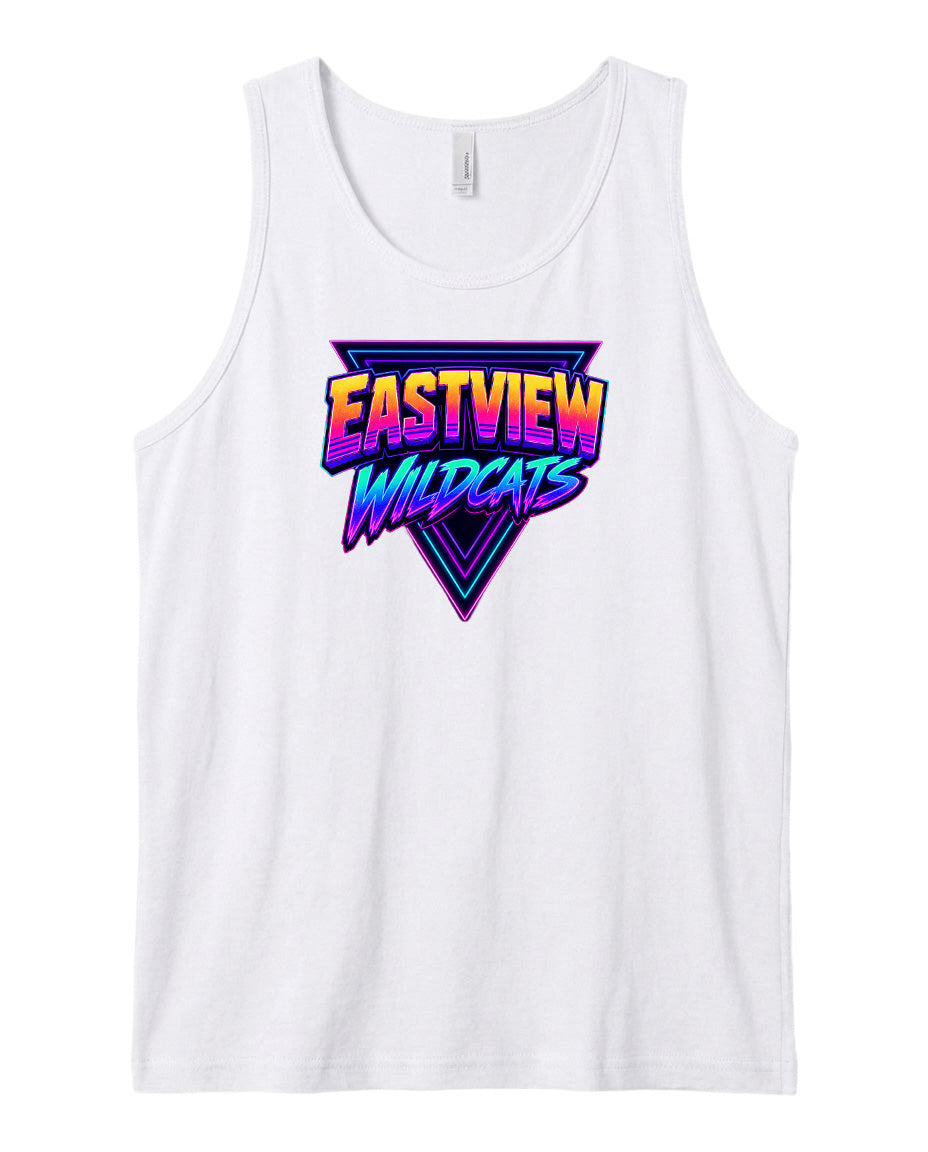 A white tank top with a colorful graphic design featuring the text "EASTVIEW WILD CATS" in a retro style.