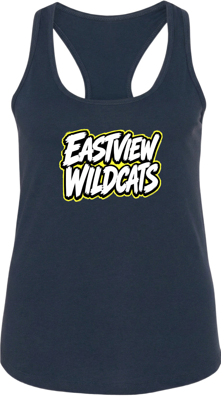 A navy blue tank top with the text "EASTVIEW WILDCATS" printed on it in white and yellow lettering.