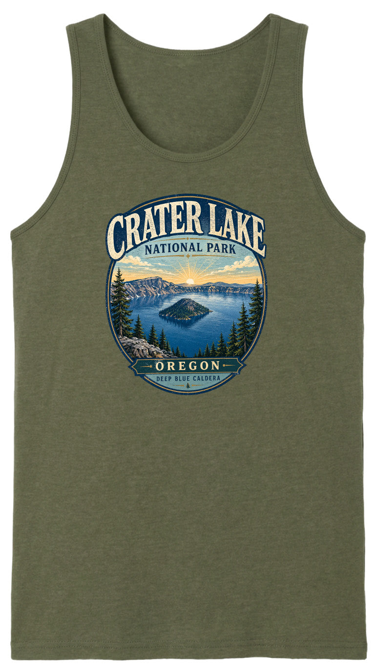 A green tank top with a graphic design depicting Crater Lake National Park in Oregon.