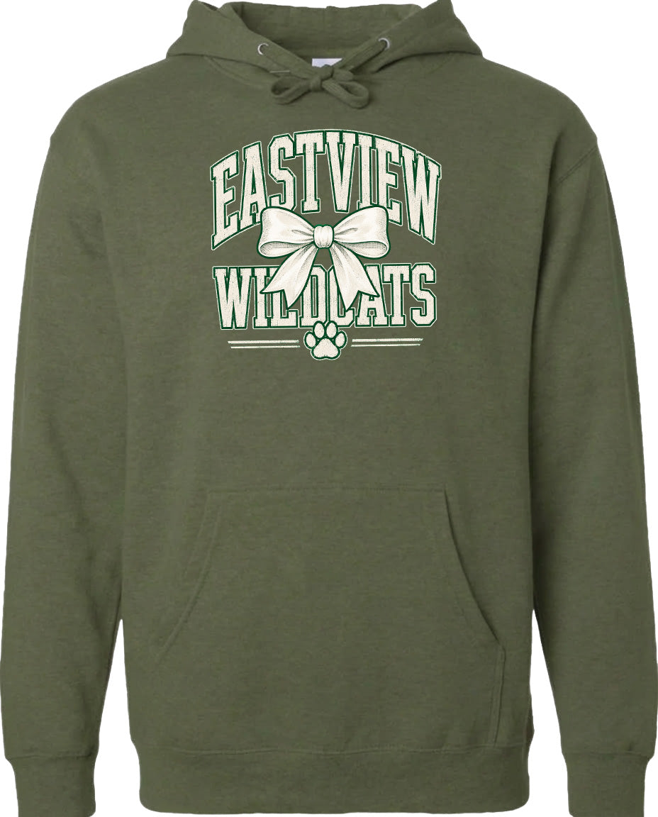 A green hoodie with a white graphic design on the front.
