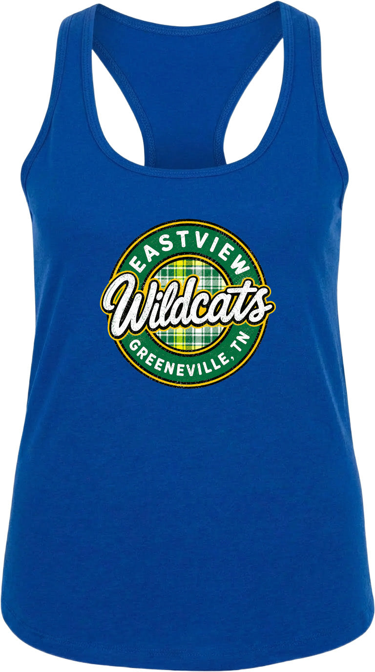 A blue tank top with a graphic design featuring the text "EASTVIEW Wildcats" and "Greeneville, TN" printed on it.