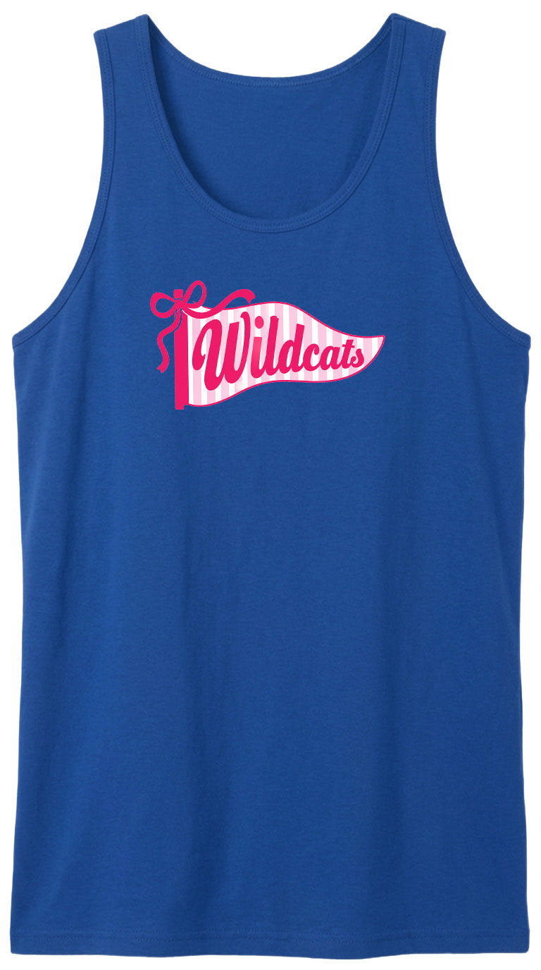 A blue tank top with a pink banner that says "Wildcats" on it.