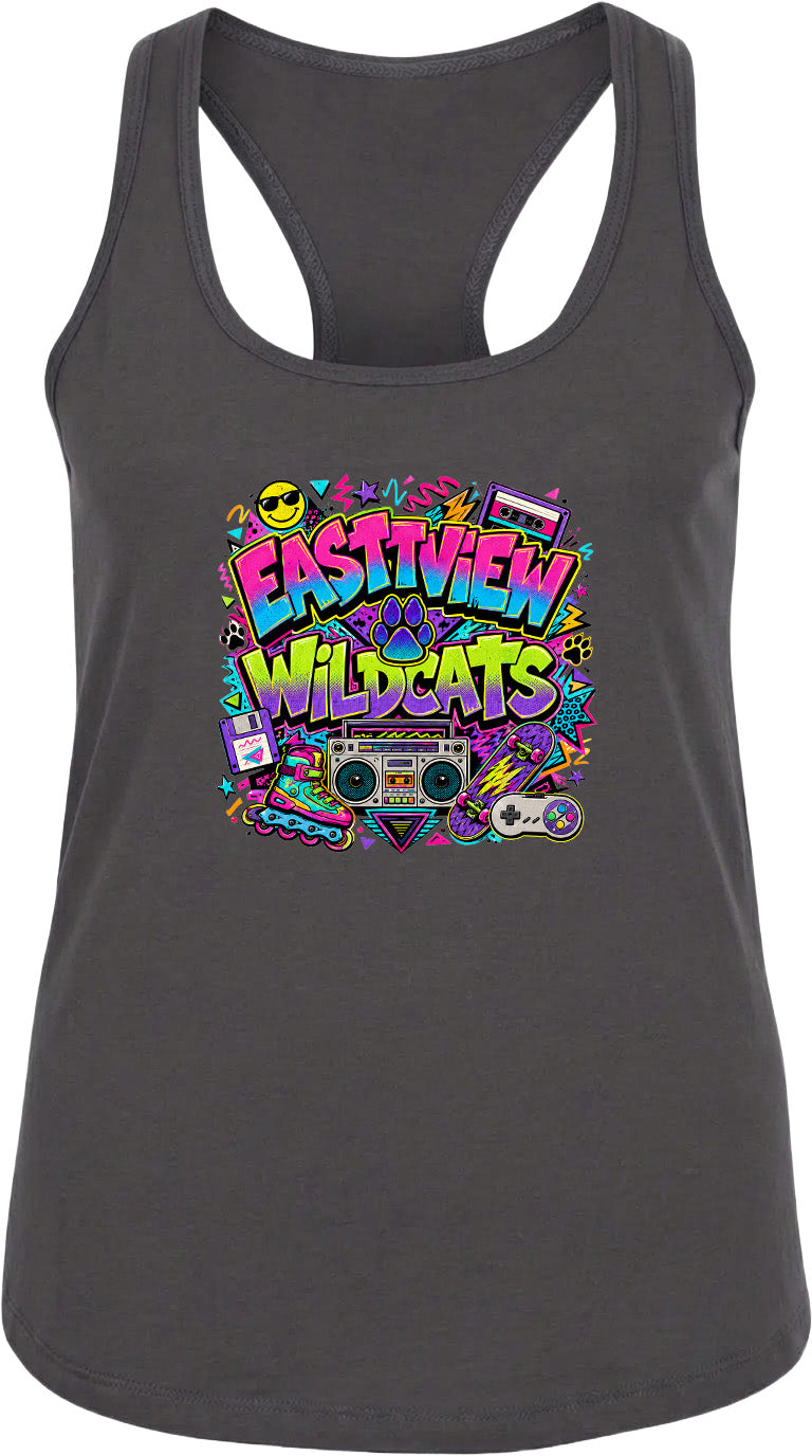 A gray tank top with a colorful graphic design featuring the text "EASTVIEW WILDCATS" surrounded by various icons and elements, such as a boombox, a skateboard, and a peace sign.