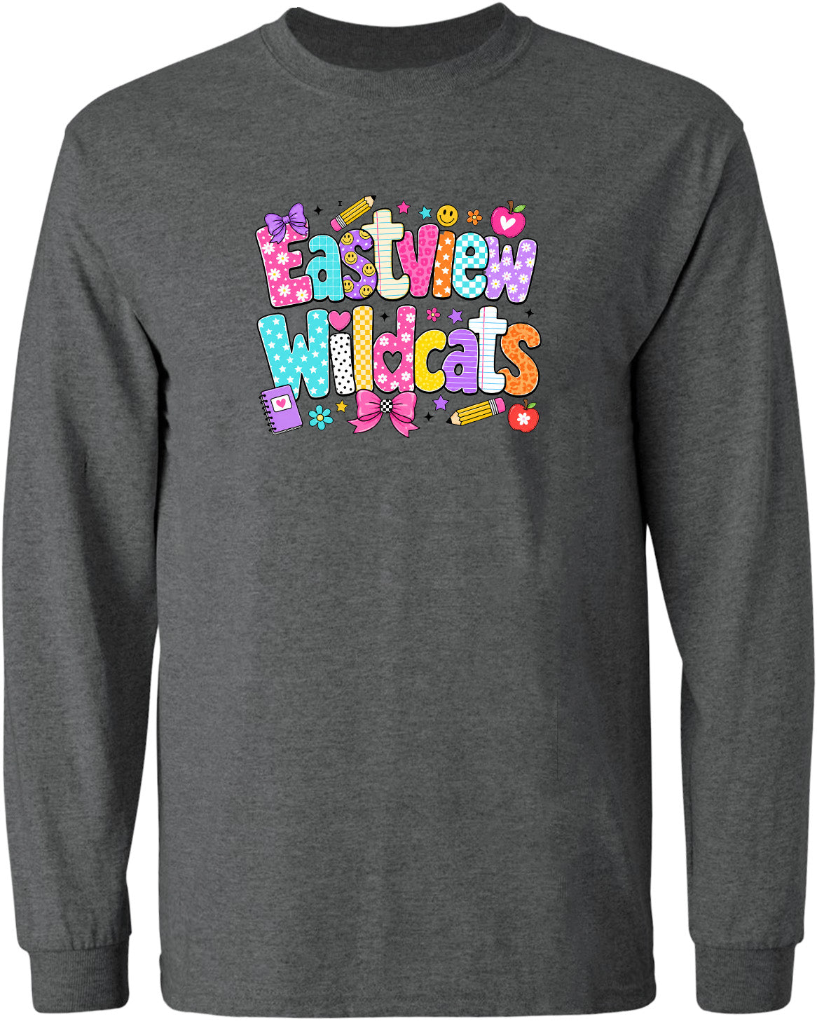 A gray long-sleeved t-shirt with a colorful graphic design featuring the text "Eastview Wildcats" in a playful, cartoon-like font.