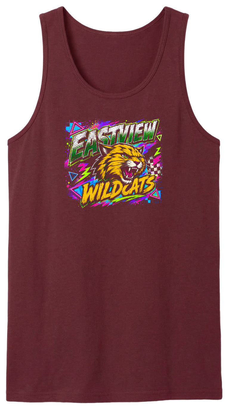 A burgundy tank top with a graphic design featuring a cartoon-like wildcat's head surrounded by colorful, abstract shapes and text.