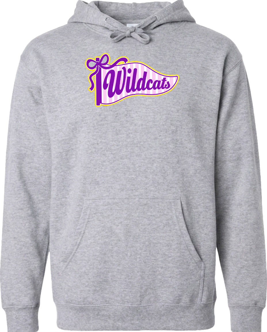 A grey hoodie with a graphic design featuring the word "Wildcats" in purple and yellow colors.