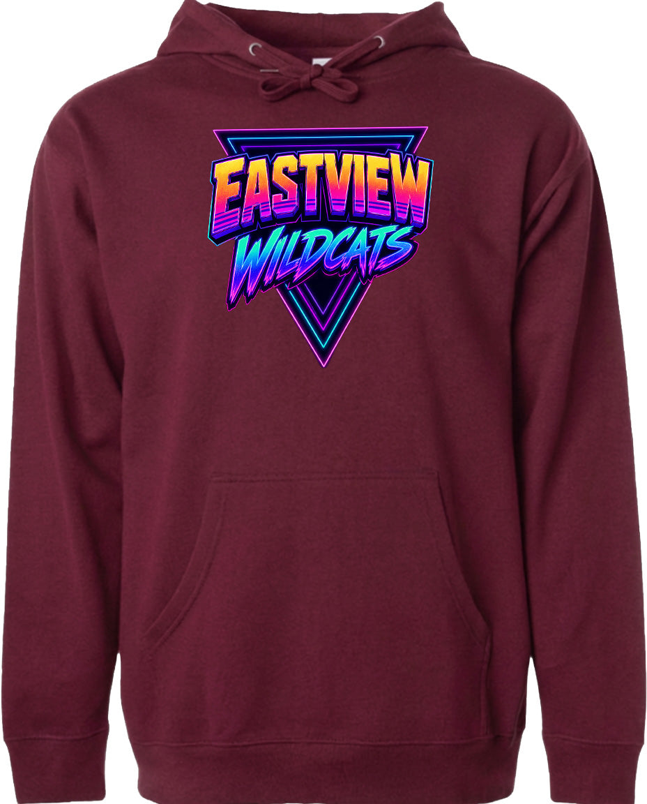 A burgundy-colored hoodie with a graphic design featuring the text "EASTVIEW WILDCATS" in a retro, neon-style font.