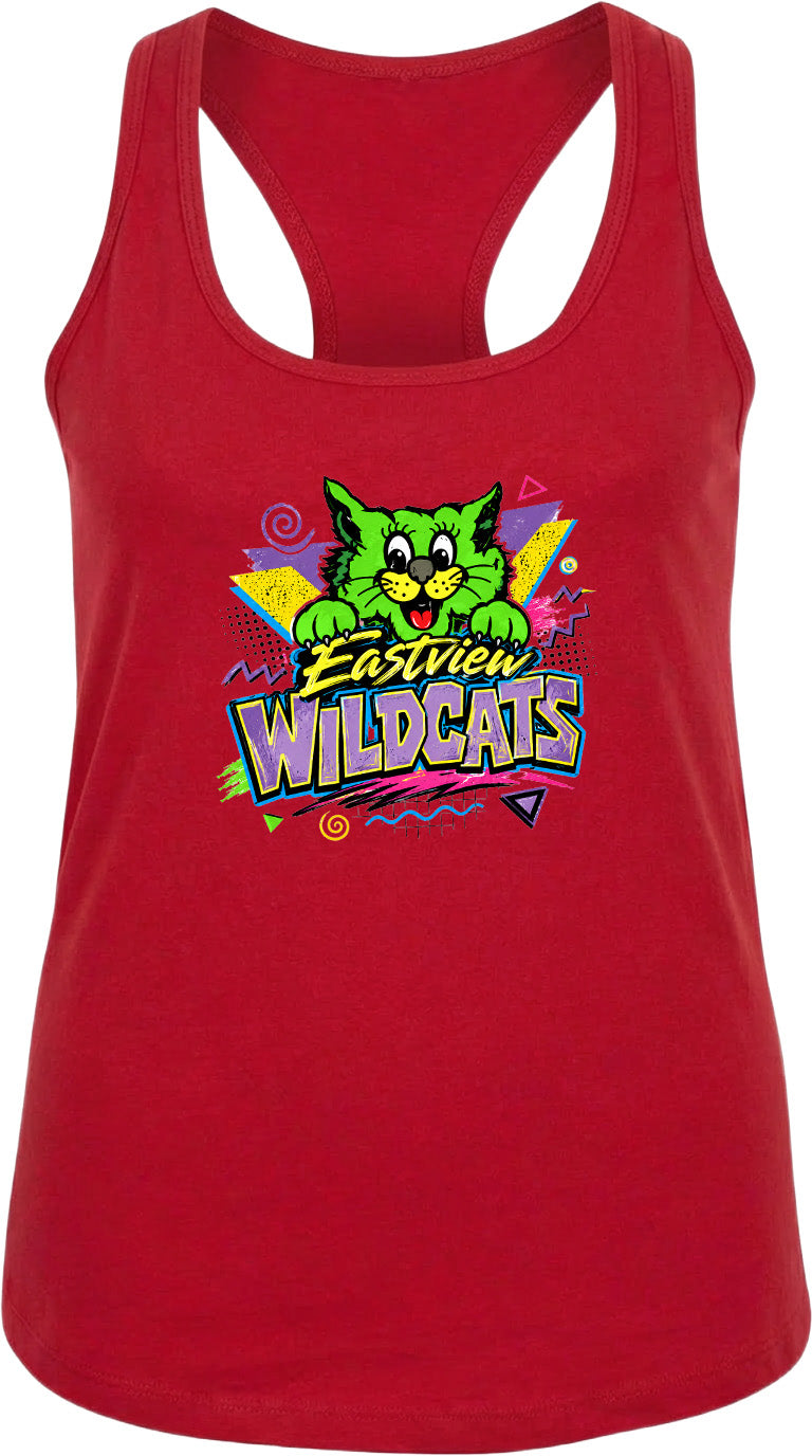A red tank top with a colorful graphic of a cartoon cat and the text "Eastview Wildcats" printed on it.