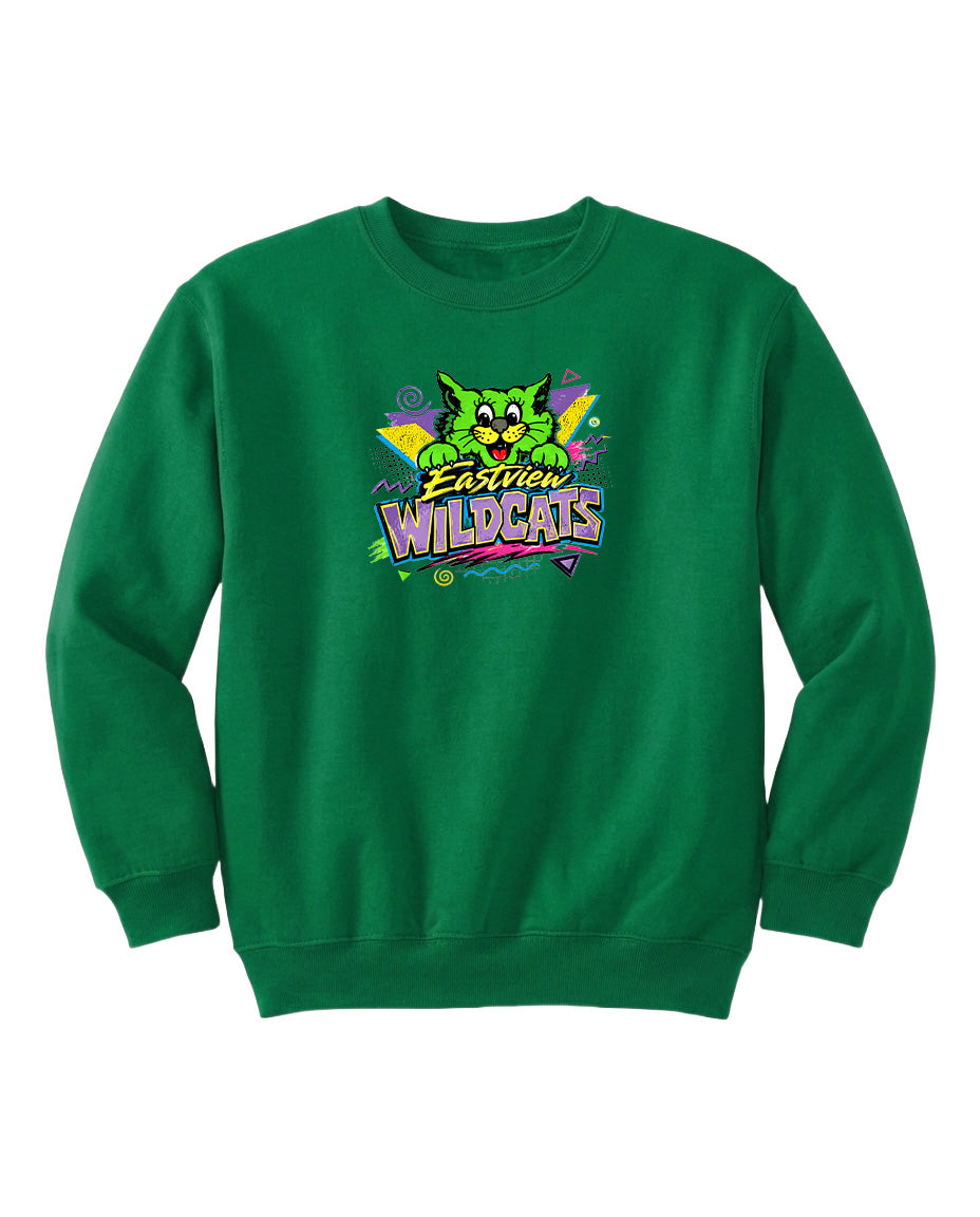 A green sweatshirt with a colorful graphic of a cartoon cat and the text "Easton Wildcats" printed on it.