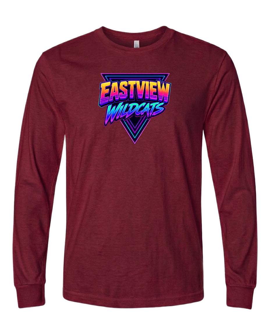 A burgundy long-sleeved t-shirt with a graphic design featuring the text "EASTVIEW WILDCATS" in a colorful, retro-style font.