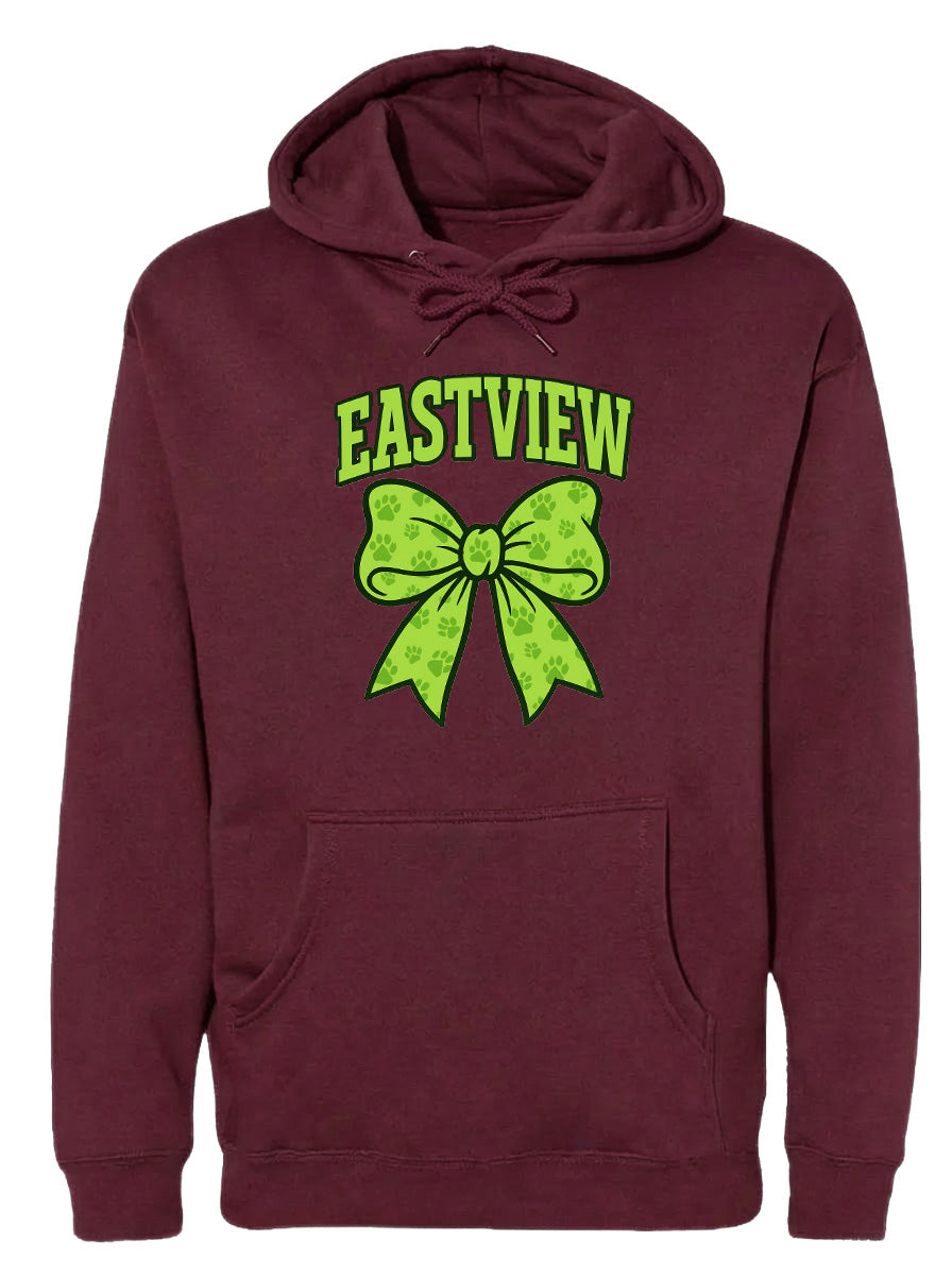 A burgundy hoodie with a green bow and the text "EASTVIEW" printed on it.