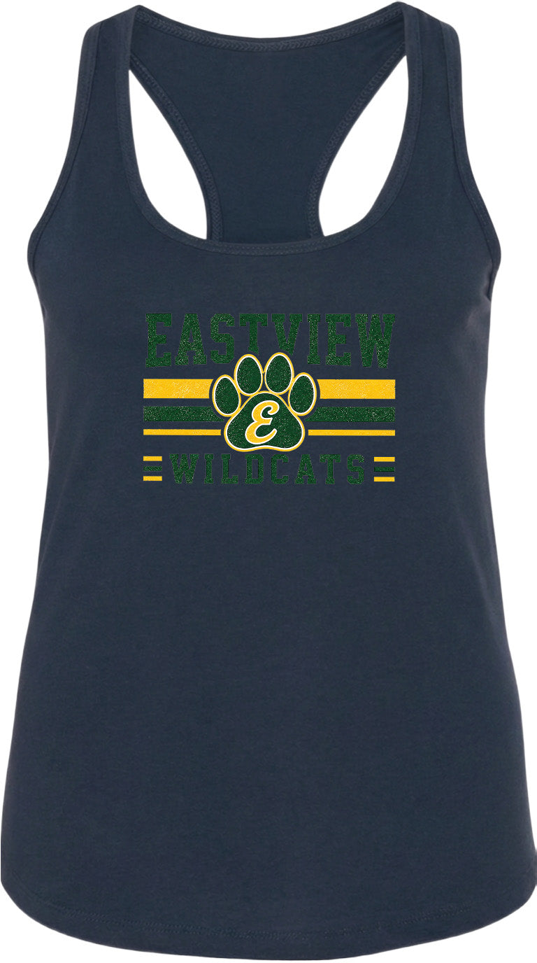 A navy blue tank top with a graphic design featuring a paw print and the text "EASTVIEW WILDCATS" printed on it.
