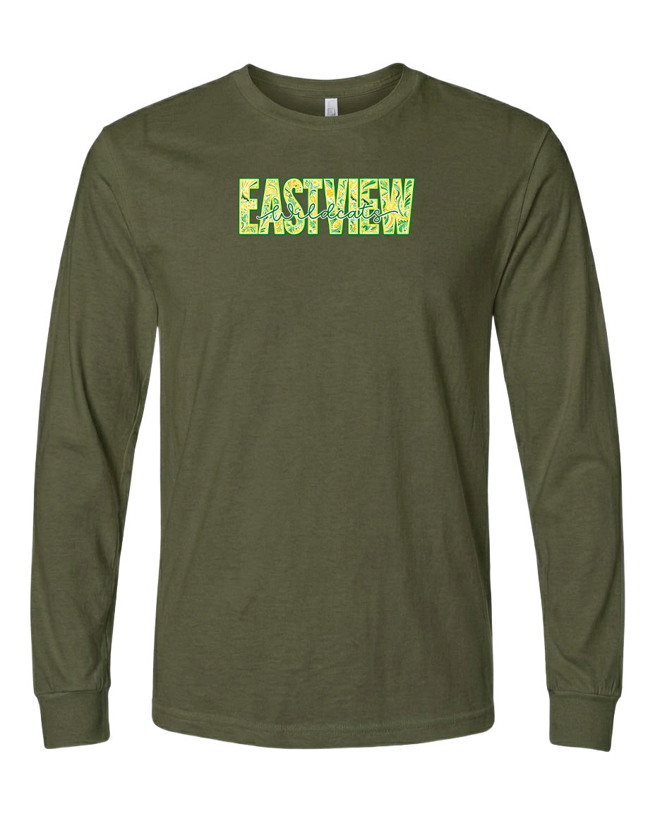 A dark green long-sleeved t-shirt with the word "EASTVIEW" printed in a stylized font across the front.