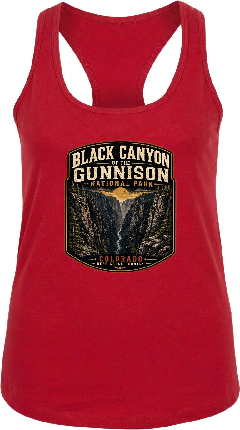 A red tank top with a graphic design depicting the Black Canyon of the Gunnison National Park in Colorado.