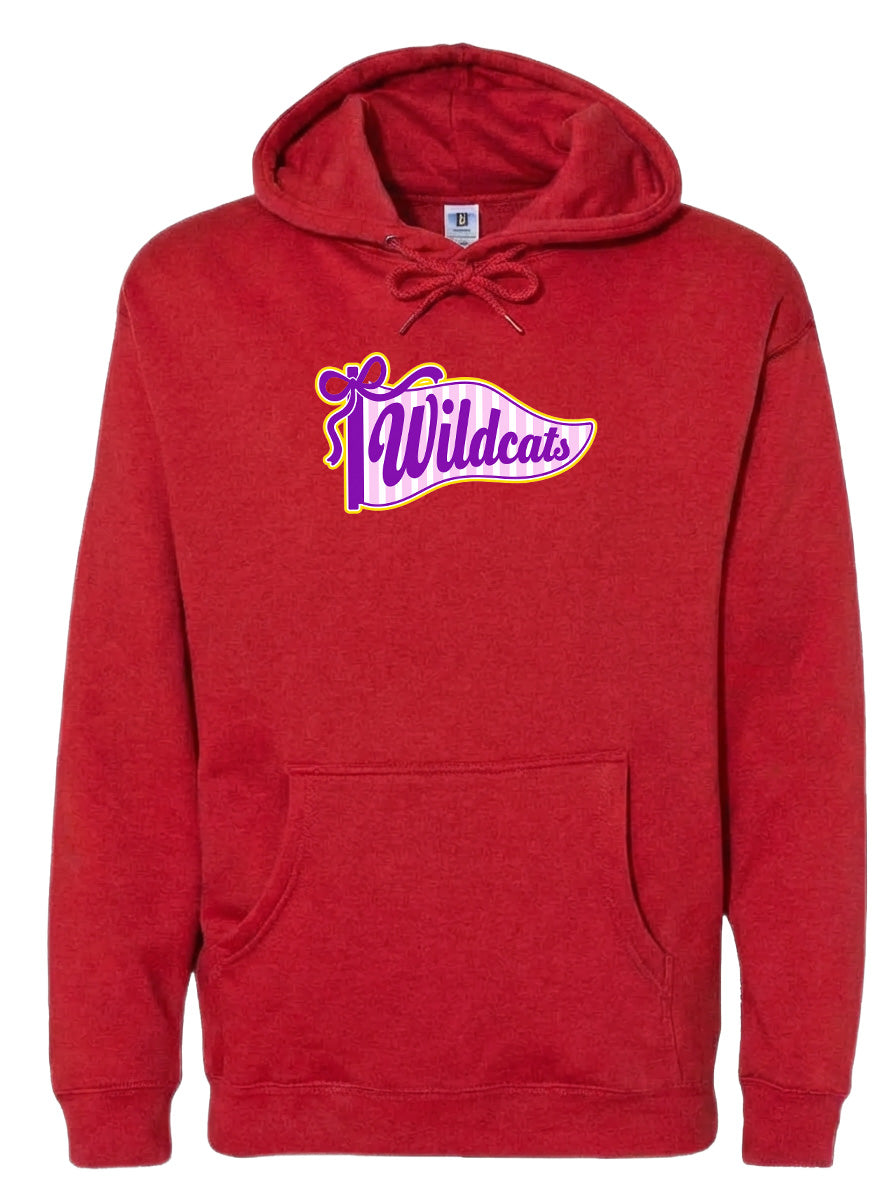 A red hoodie with a graphic design featuring the text "Wildcats" in purple and yellow colors.