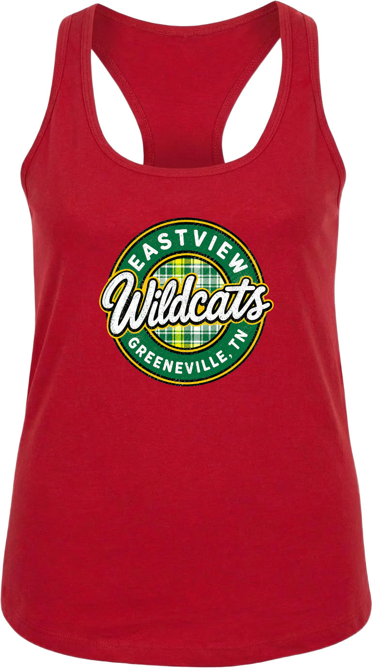 A red tank top with a graphic design featuring the text "EASTVIEW Wildcats" and "GREENEVILLE, TENN."