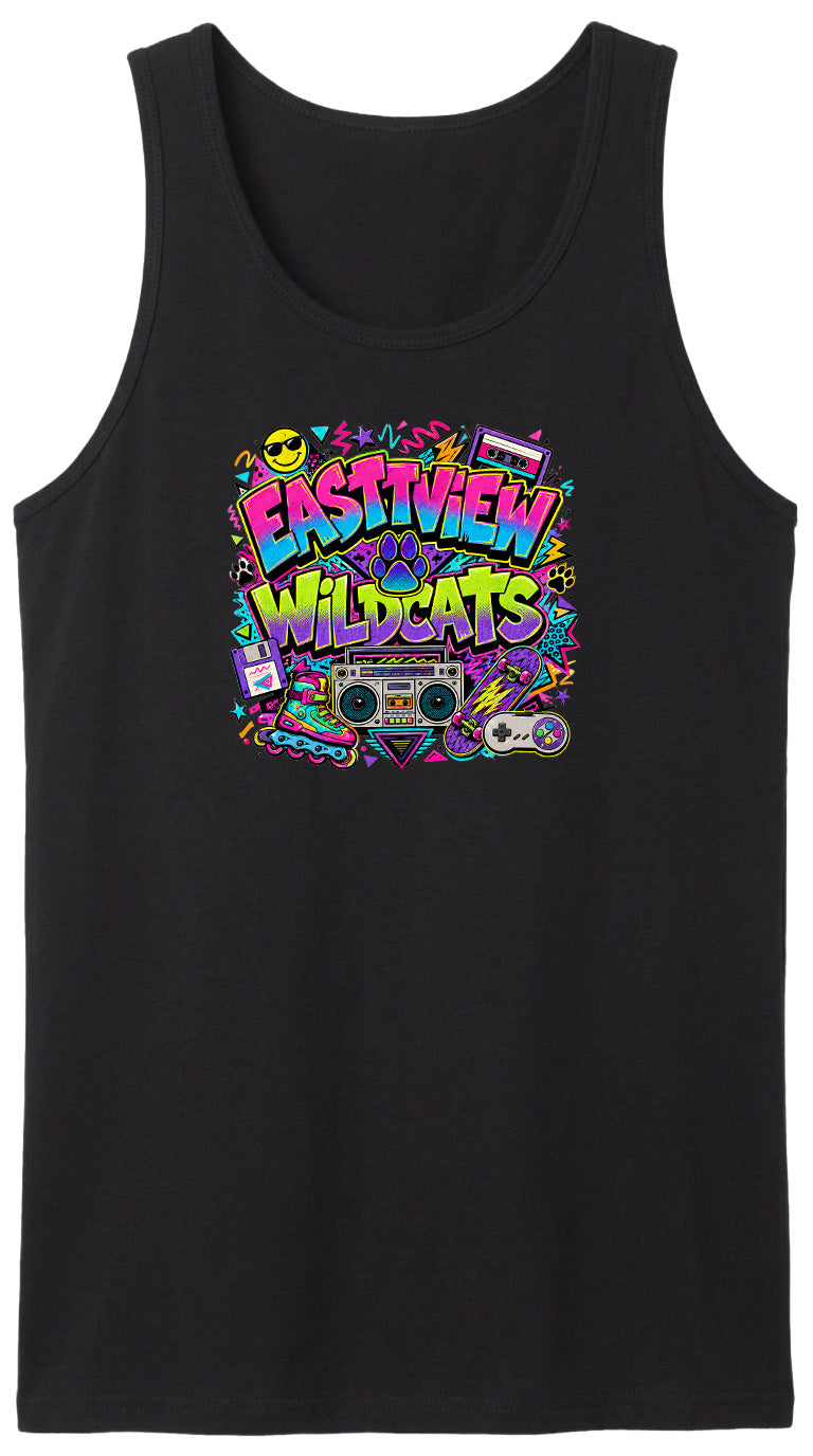 A black tank top with a colorful graphic design featuring the text "EASTVIEW WILDCATS" surrounded by various icons and symbols, such as a boombox, cassette tape, and other retro-style elements.