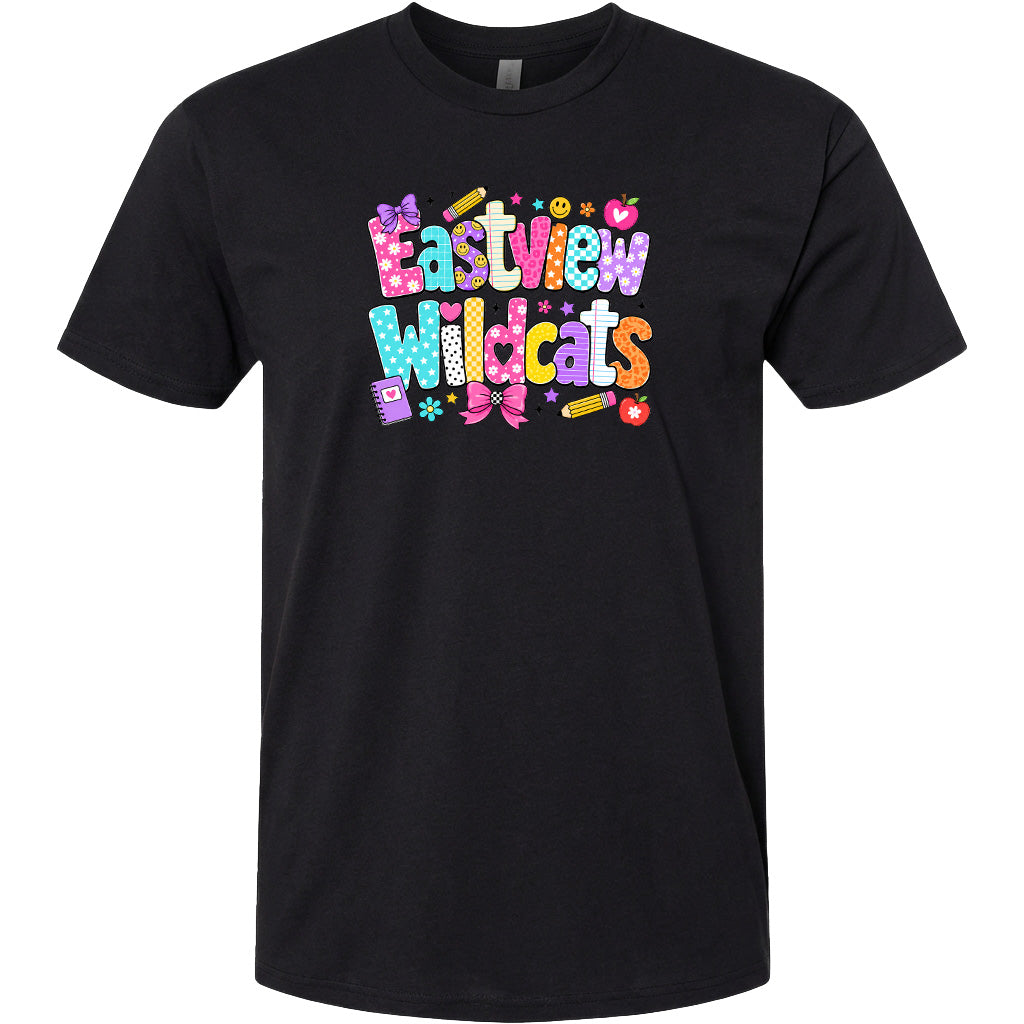 A black t-shirt with a colorful, playful graphic design featuring the text "Eastview Wildcats" and various decorative elements such as hearts, flowers, and stars.