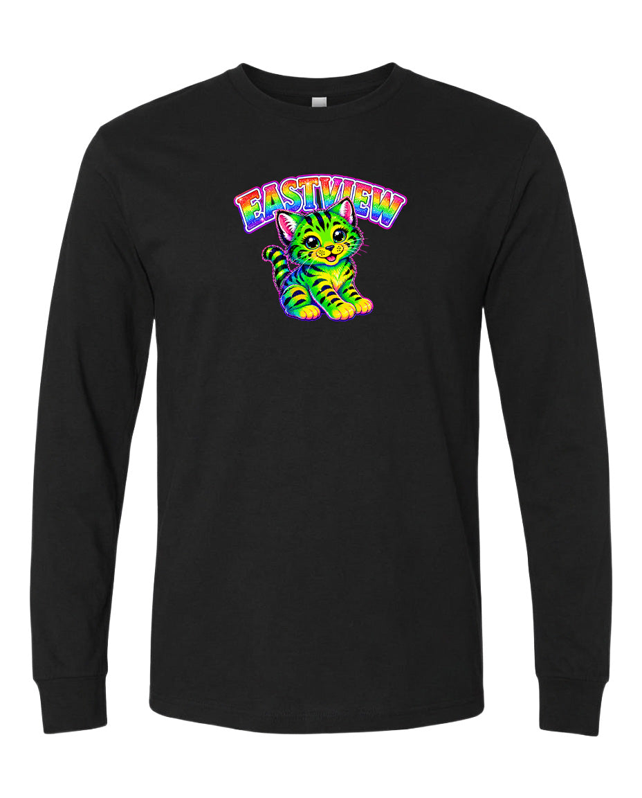 A black long-sleeved t-shirt with a colorful graphic design depicting a cat with a rainbow-colored pattern.