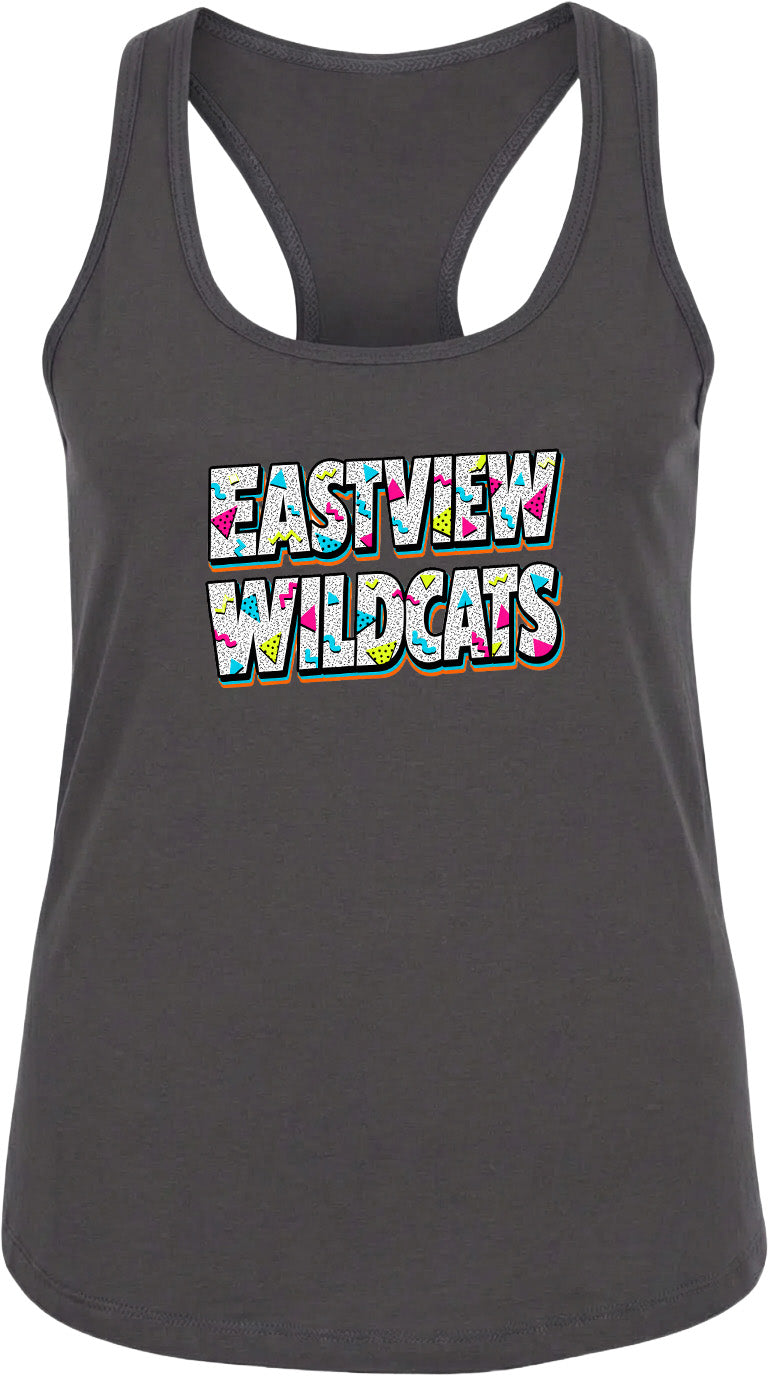 A gray tank top with the text "EASTVIEW WILDCATS" printed on it in a colorful, stylized font.