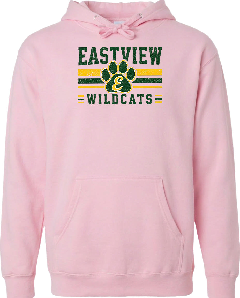 A pink hoodie with a graphic design featuring a paw print and the text "EASTVIEW WILDCATS" printed on it.