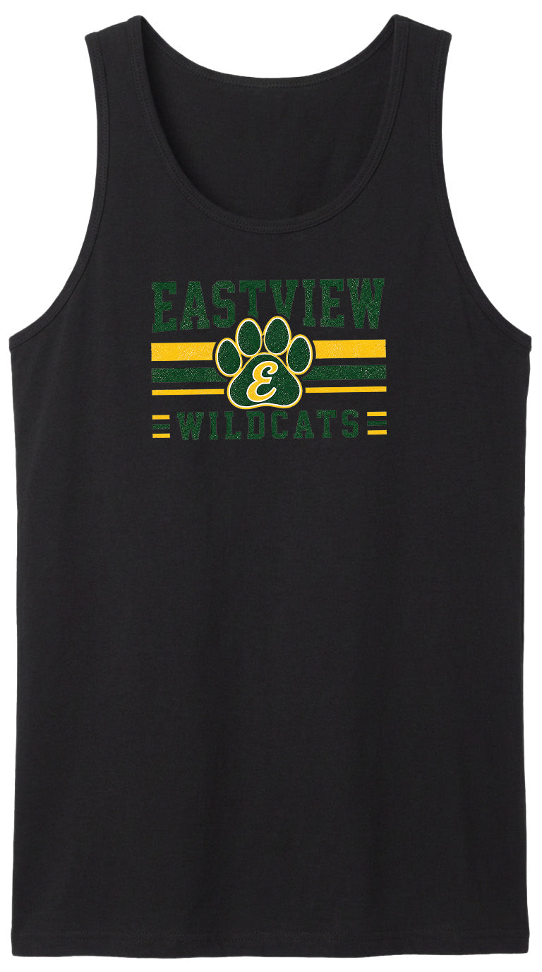 A black tank top with a graphic design featuring the text "EASTVIEW WILDCATS" and a paw print symbol.