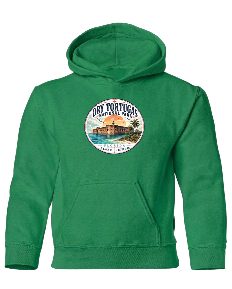 A green hoodie with a circular logo featuring a tropical island and palm trees, along with the text "Dry Tortugas National Park, Florida Island, Florida".