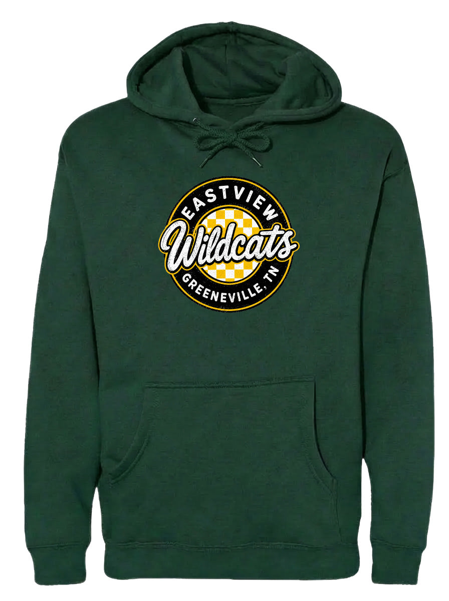 A dark green hoodie with a logo on the front.
