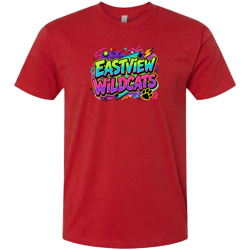 A red t-shirt with a colorful graphic design featuring the text "EASTVIEW WILDCATS" in a vibrant, graffiti-style font.