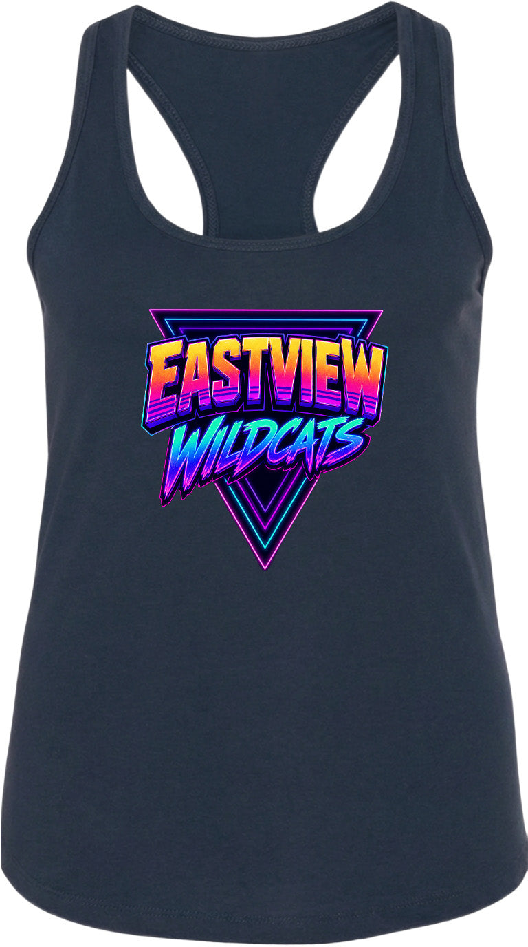 A black tank top with a colorful graphic design featuring the text "EASTVIEW WILDCATS" in a retro style.