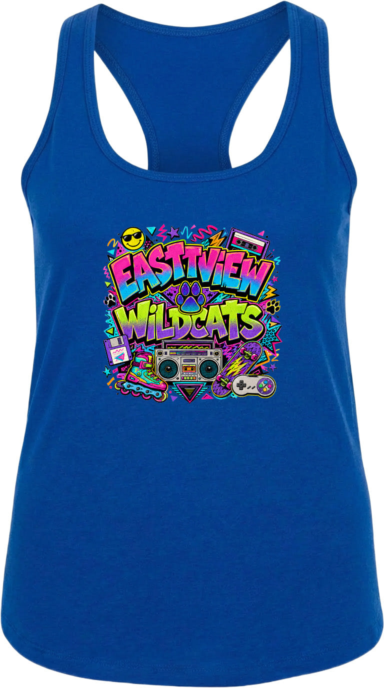 A blue tank top with a colorful graphic design featuring the text "EASTVIEW WILDCATS" surrounded by various icons and elements, such as a boombox, sunglasses, and a skateboard.