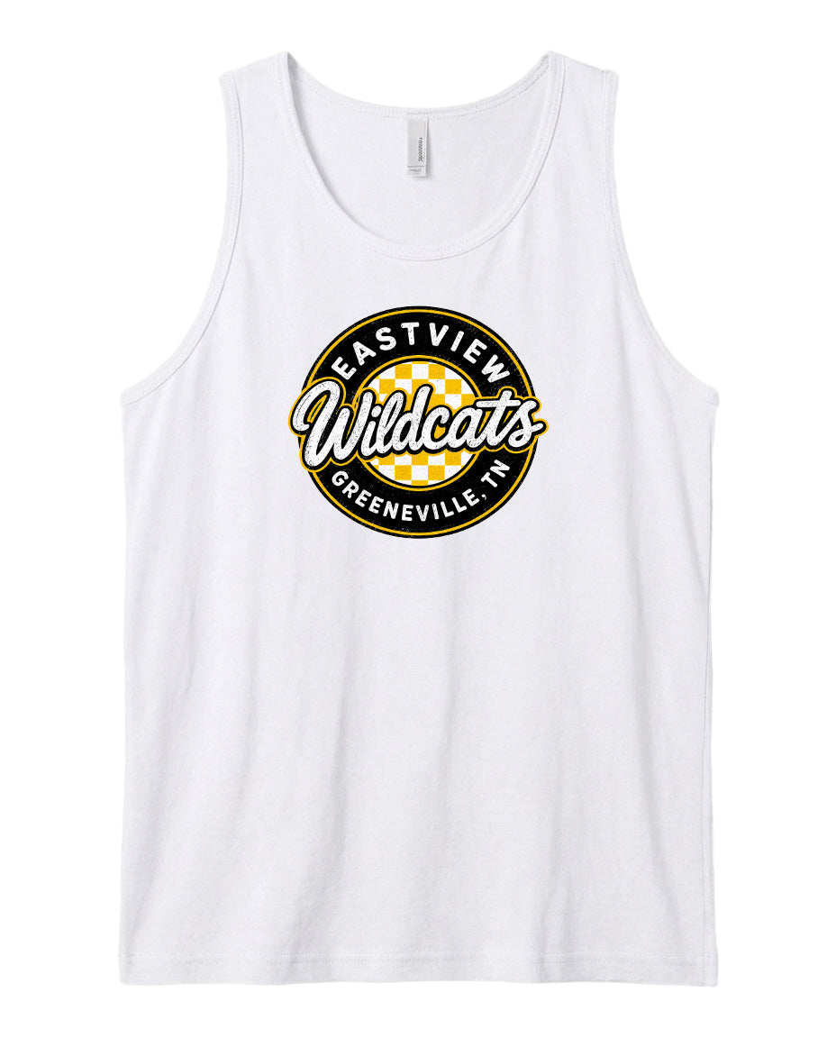 A white tank top with a circular logo on it.