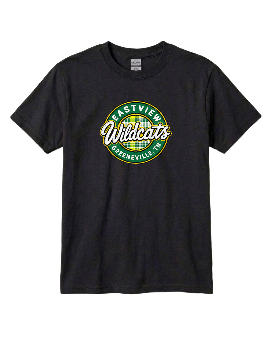 A black t-shirt with a circular logo on it.