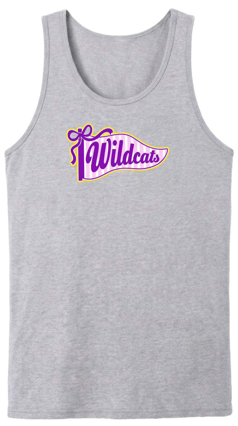 A gray tank top with a purple and yellow graphic design featuring the text "Wildcats" on it.